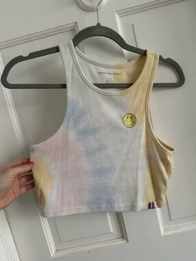 American Eagle Outfitters Tie-Dye Ribbed Crop Tank with Smiley Patch
